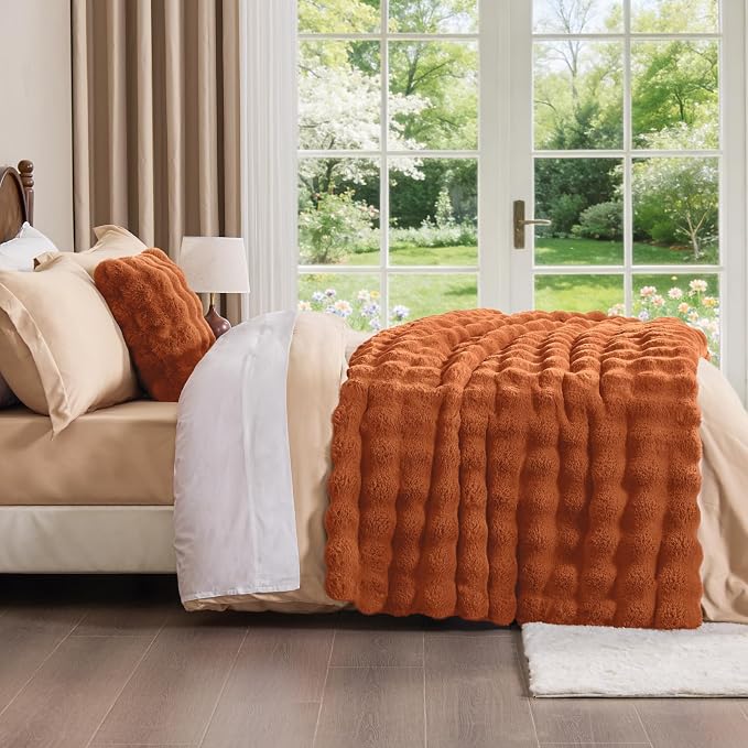 BEDELITE Faux Fur Throw Bubble Blanket for Couch, 60" x 80", Burnt Orange | 870GSM Soft Cozy Plush Blanket for Sofa & Bed Living Room Decor, Warm Fuzzy Faux Rabbit Fur for Women Gift, All Season Use