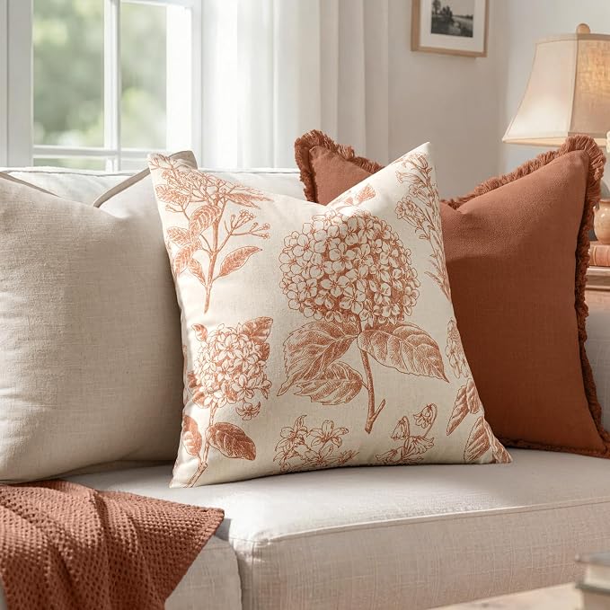 Set of 2 Decorative Floral Pillow Covers 20x20 Inch Autumn Orange | Neutral Hydrangea Print, Boho Vintage Throw Cushion Covers, Cottagecore Home Decor, for Sofa Couch Porch Bedroom Living Room