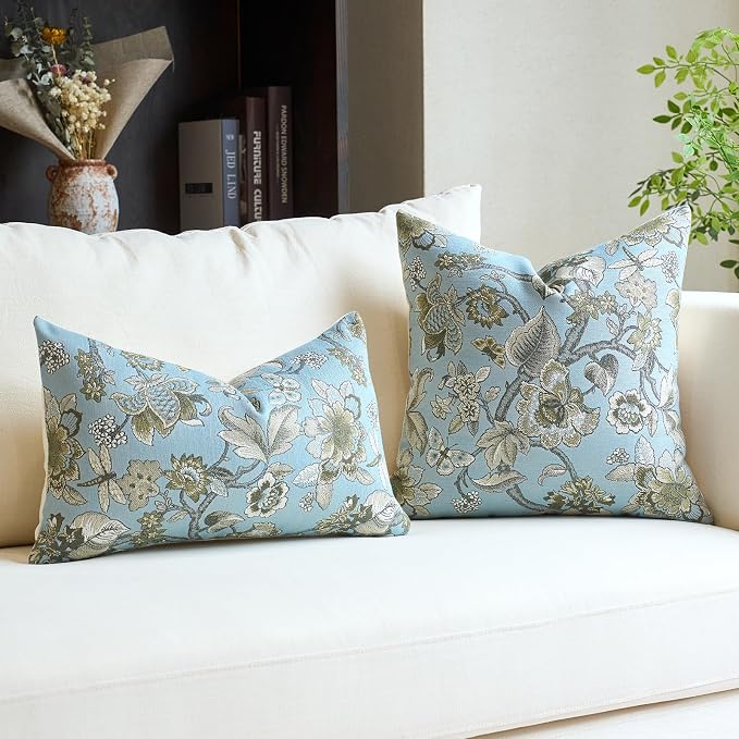 Neutral Floral Pillow Cover 18x18, Vintage Square Pillow Cover Soft Decorative Farmhouse Accent Pillow Cases for Couch Bedroom Living Room Home Decor, Blue