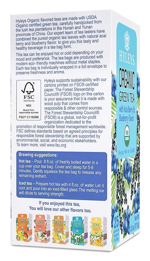 HYLEYS Organic Green Tea, Acai Berry and Blueberry Flavor, 150 Individually Wrapped Tea Bags (6 Pack of 25) - USDA Organic - Kosher & Vegan