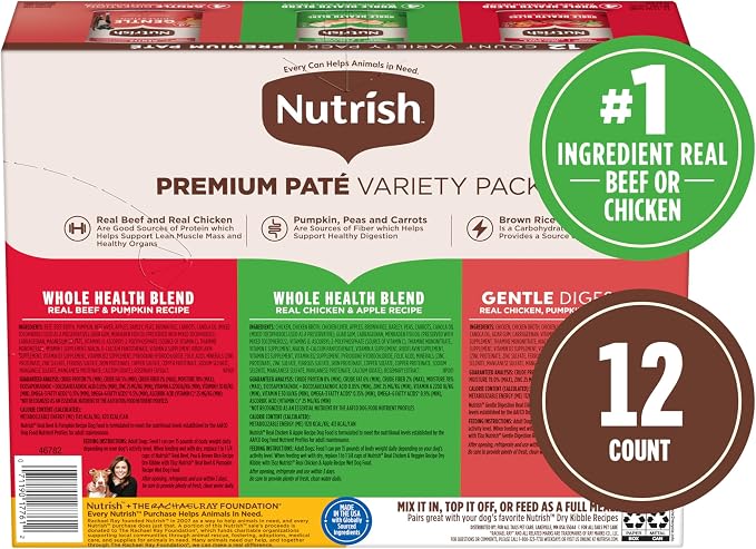 Nutrish Paté Variety Pack Wet Dog Food, 13 oz. Can, 12 Pack (Rachael Ray) | Includes 3 Flavors of Real Beef & Pumpkin, Real Chicken & Apple, and Gentle Digestion with Real Chicken, Pumpkin & Salmon