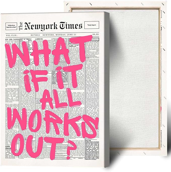Drimiler Retro Newspaper Pink Font Poster What If It All Works Out Canvas Wall Art Positive Affirming Quote Minimalist Prints Painting For Home Bedroom Dorm Wall Decor 16x24in Wframed