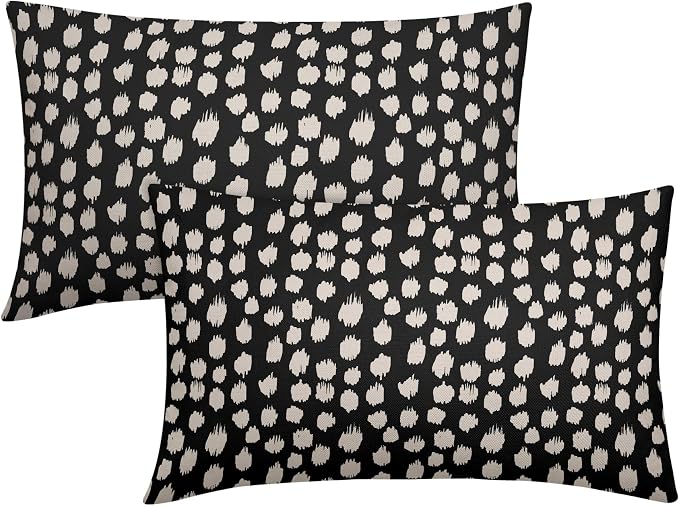 Black Cream Dots Lumbar Pillow Covers 12x20 Set of 2 Boho Design Polka Dot Print Throw Pillows Modern Outdoor Decorative Pillowcase Rectangle Linen Cushion Cases Decor for Sofa Couch Bed