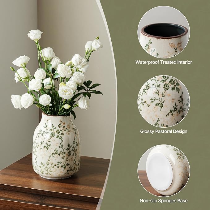 Ceramic Flower Vase for Home Decor, Vintage Green Decorative Vase 7.8 Inch | Rustic Farmhouse Floral Vase for Coffee Table, Mantel, Living Room, Kitchen, Bookshelf, Entryway, Wedding Centerpiece