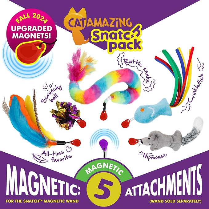 Cat Amazing Snatch Pack - 5 Magnetic Attachments for The Snatch Magnetic Wand Toy - Catnip Mouse, Rattle Snake, Crinkle Fish, Scrunchy Ball and Feather - Cat Teaser Toys - Really Catch!