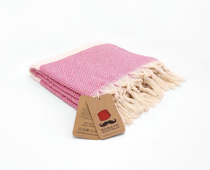 Bazaar Anatolia Turkish Beach Towel – 100% Cotton, Quick Dry, Sand Free Towel for Bathroom, Camping, Travel, Hot Pink – Oversized 71x39 Inches – Diamond Fuscia
