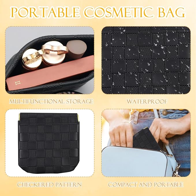 2 PCS Small Makeup Bag for Women, Small Pouches for Purse,Mini Checkered Cosmetic Bag Waterproof Pouch for Travel Storage bag, for Cosmetics Headphones Jewelry Cosmetic Lipstick Coins (Black,Brown)