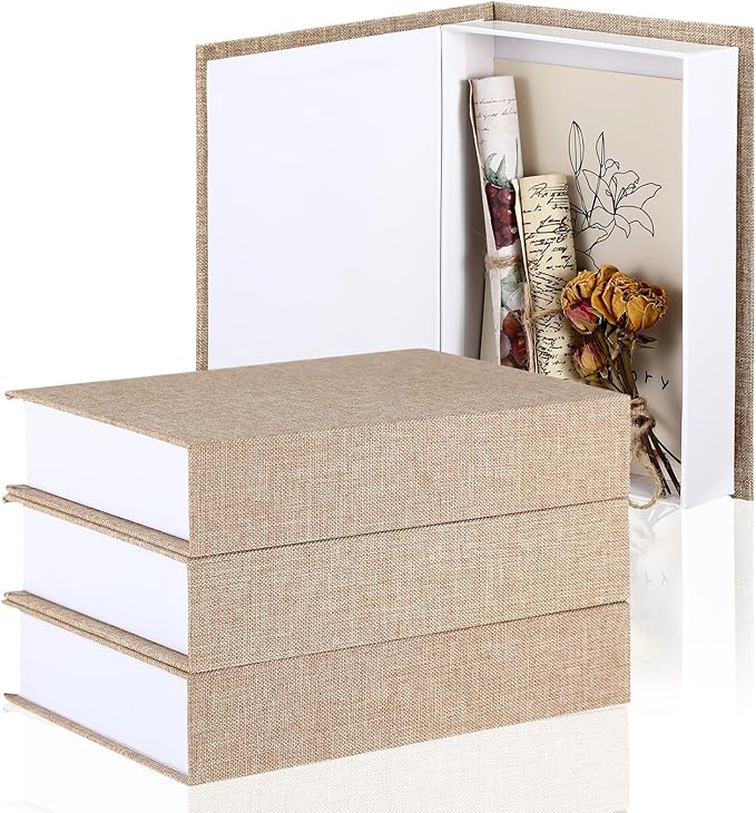 Tioncy 3 Pcs Decor Linen Faux Book Box Set Aesthetic DIY Fake Linen Book Box for Decor Storage Cafe Table Bookshelf Gift Home Keepsake(8.6 x 6.1 x 1.8 Inch,Khaki)
