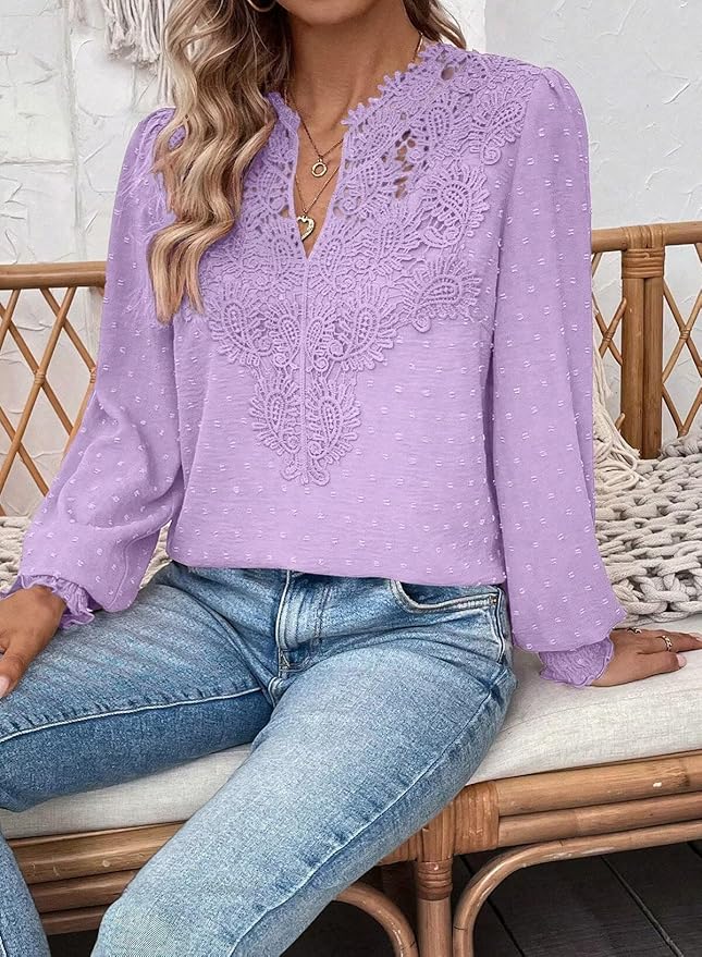 Womens Tops Swiss Dot Boho Long Sleeve Shirts V Neck Casual Chiffon Blouses Flowy Lace Hem Cute Clothing Trendy 2026