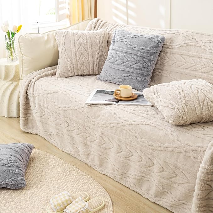 YUSOKI Sherpa Fleece Large Throw Blanket, Linen, 50"x65" | 3D Stylish Design,320GSM, Non-Shedding, Lightweight for All Season Use, stays fluffy after repeated washes, Perfect Gifts
