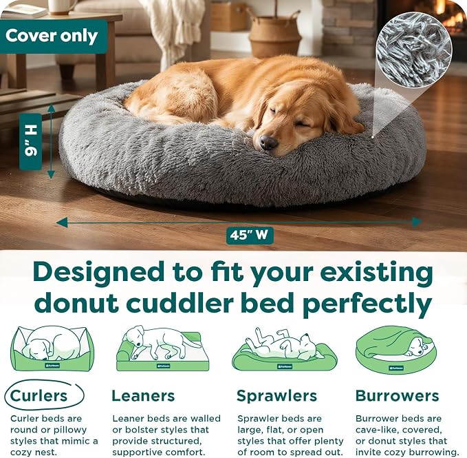 FurHaven Replacement Dog Bed Cover, Long Faux Fur for Calming Cuddlers, Machine Washable, Customizable Filling, Jumbo XL, Gray