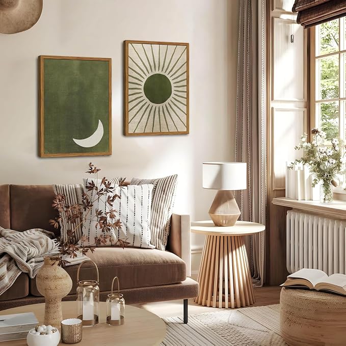Framed Boho Sun and Moon Canvas Wall Art Set of 2, Vintage Sage Green Bohemian Pictures Wall Decor, Mid Century Modern Abstract Minimalist Paintings Prints for Living Room Bedroom Office 16x24 inch