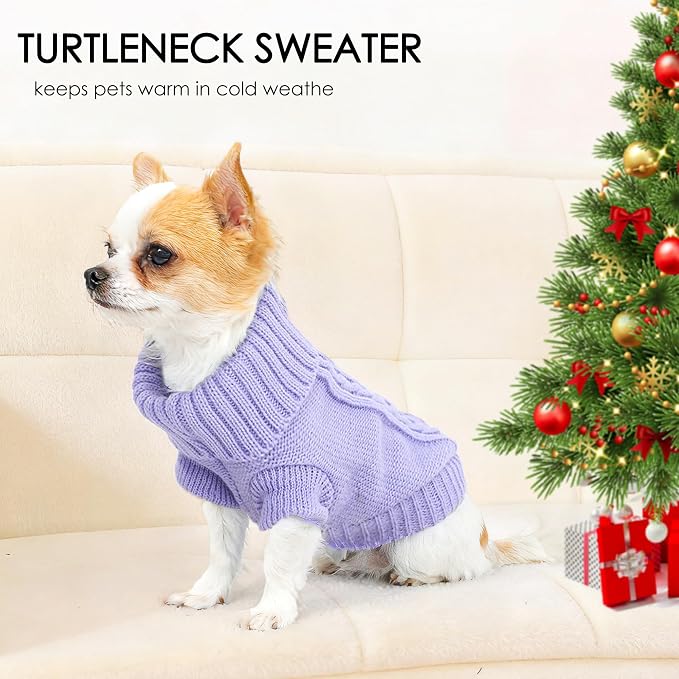 2 Pack Small Dog Sweaters Dog Christmas Sweater Turtleneck Knit Winter Warm Pullover Clothing Pet Cat Cold Weather Outfits for Small Dogs, Green and Purple, Large
