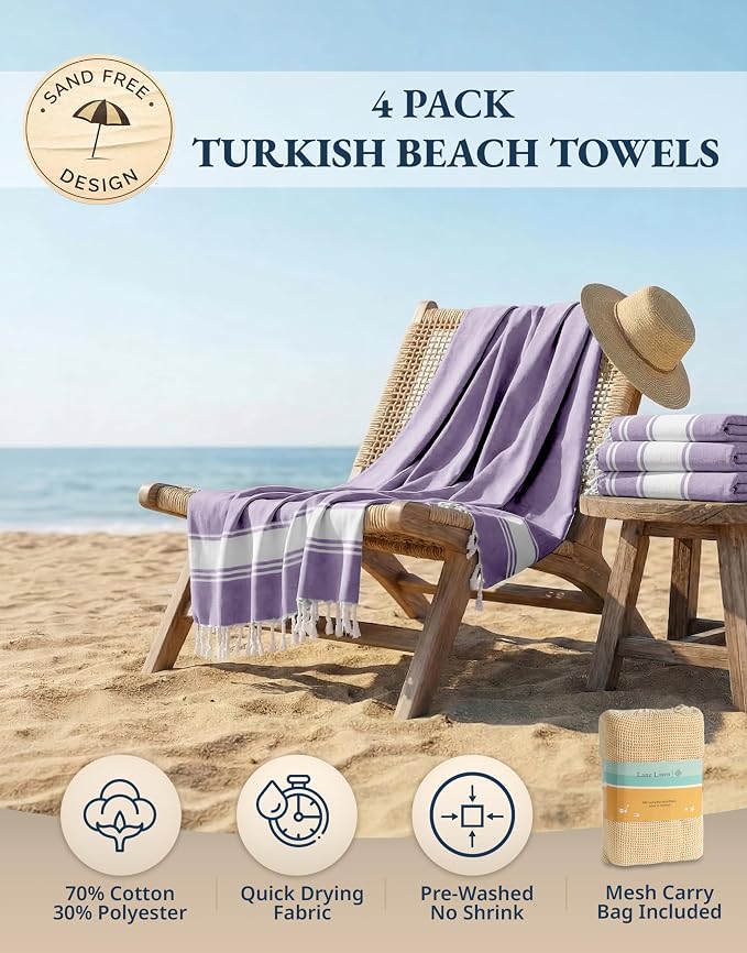 LANE LINEN Beach Towels 4 Pack Oversized - Turkish Towel Set, Pre-Washed Oversized Beach Towel, Quick Dry Beach Towels for Travel, Beach Towel Large, 39"x71" - Regal Orchid