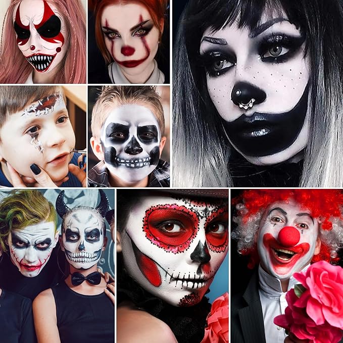 Scary Clown Makeup Face & Body Paint Kit Professional Black White Red SFX Cream Bodypaint with 5 Brushes Sponge Applicators & Clown Nose Facepainting Set for Kids Adult Halloween Joker Vampire Zombie