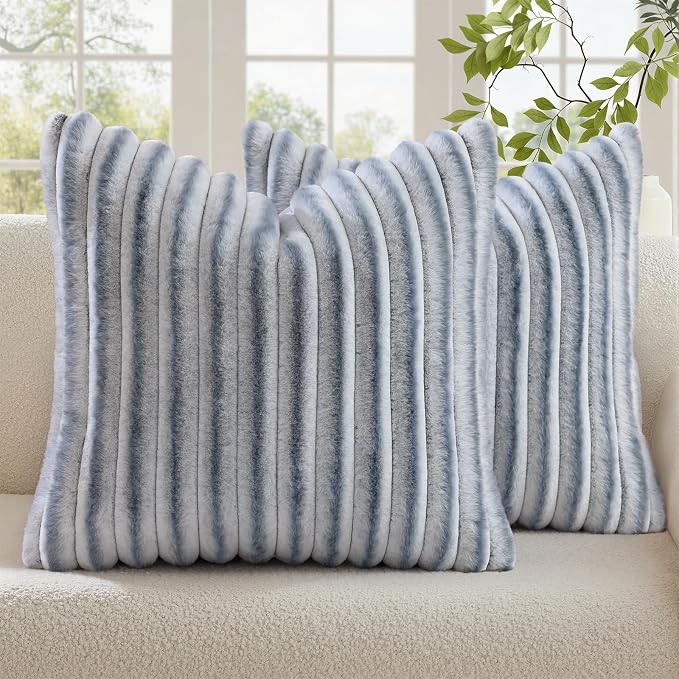 decorUhome Fall Faux Fur Throw Pillow Covers 16x16 Set of 2 Grey White | Decorative Soft Cozy Striped Plush Modern Farmhouse Boho Couch Pillow Cases Velvet Back for Sofa Bed Living Room Home Decor