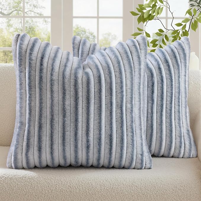 decorUhome Fall Faux Fur Throw Pillow Covers 22x22 Set of 2 Grey White | Decorative Soft Cozy Striped Plush Modern Farmhouse Boho Couch Pillow Cases Velvet Back for Sofa Bed Living Room Home Decor