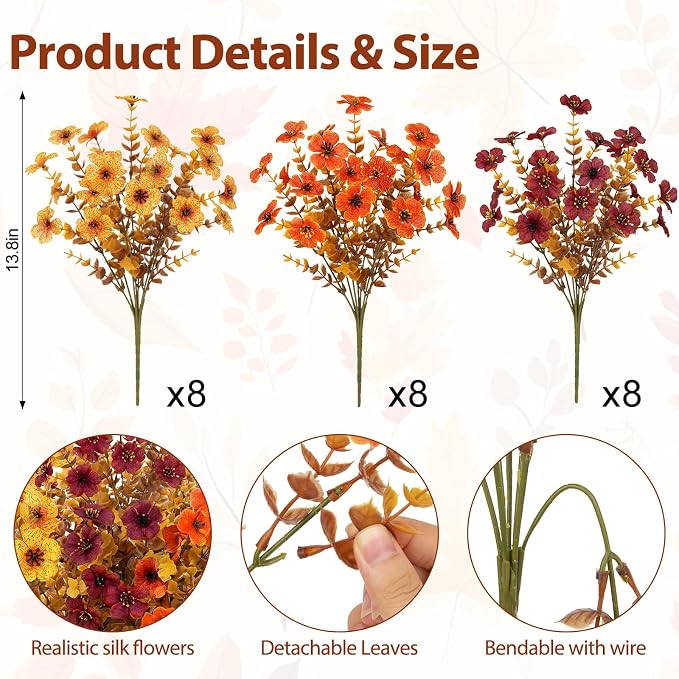 24 Pcs Artificial Fall Flowers, Fake Mums Outdoors, Deep Orange | Lifelike faux mums, silk flower, UV resistant, no-maintenance, for autumn Thanksgiving garden porch yard indoor outdoor decor