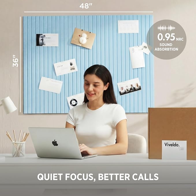 Felt Bulletin Board Tiles 48"x36" - 12-Pack Cork Board Alternative, OEKO-TEX Certified, NRC 0.95 Acoustic Wall Panels, Damage-Free Adhesive, Slatted Design, Home Office & Classroom (Baby Blue)