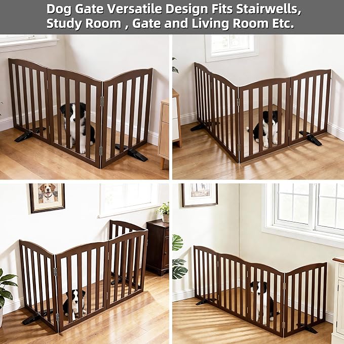 ZJSF Foldable Freestanding Indoor Dog Gate for House Wood Long Pet Gates Dog Fence for Stairs Puppy Gates for Hallways, Puppy Gate,Support Feet Included, Brown, 32 "Height-3 Panels