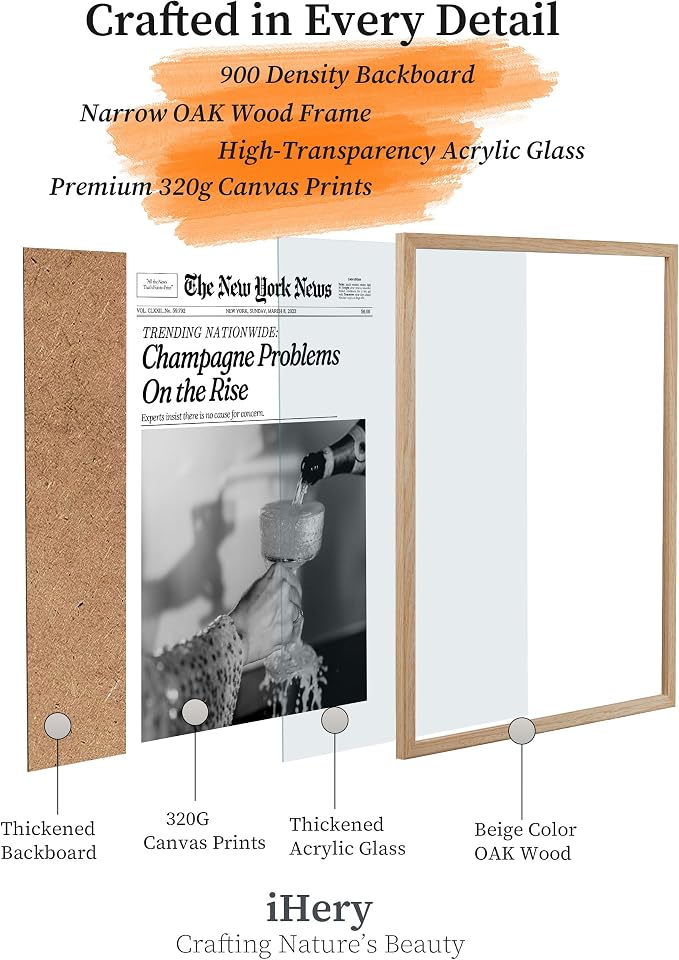iHery 8x10in Champagne Problems on the Rise Framed Newspaper Art | Natural OAK Wood Frame with Canvas Print, Vintage Champagne Decor for Bar Cart, Kitchen, Living Room and Bathroom, 1Pack