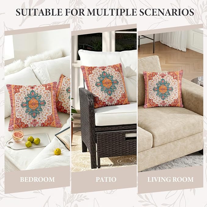 Boho Throw Pillow Covers 18x18 Inch Set of 2,Soft Pillowcases Bohemia Carpet Printing Pattern Decorative Sofa Living Room Bed Square Pillow Case Cushion Cover-Reddish Orange