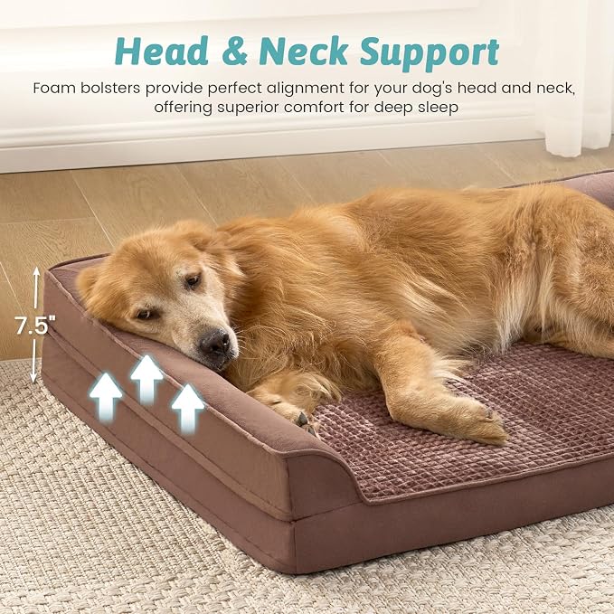 COZY KISS Orthopedic Dog Bed for Extra Large Dogs, L Shaped XL 44x32 inch | Non-Slip Bottom Soft Pet Sofa with Washable Removable Waterproof Cover, Egg-Crate Foam Couch with Portable Handle, Brown