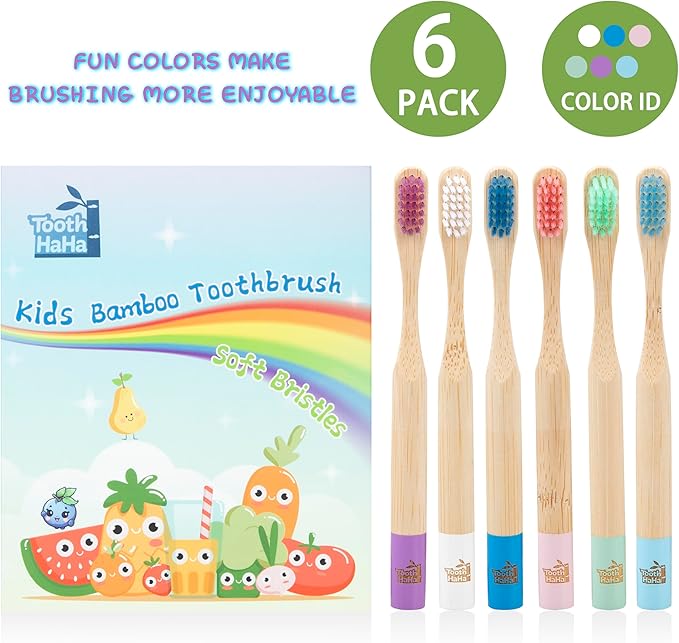 Tooth HaHa Kids Bamboo Toothbrushes, BPA-Free Soft Bristles, Eco-Friendly Natural Wooden Toddler Toothbrush, 6-Pack Travel Toothbrushes Set for Children