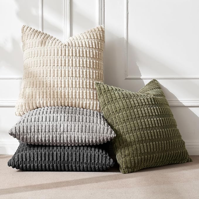 MIULEE Pack of 4 Corduroy Throw Pillow Covers 18x18 Inch Grey and Olive | Neutral Rustic Farmhouse Boho Soft Striped Pillow Covers,Home Decor for Sofa,Living Room,Couch,Bed