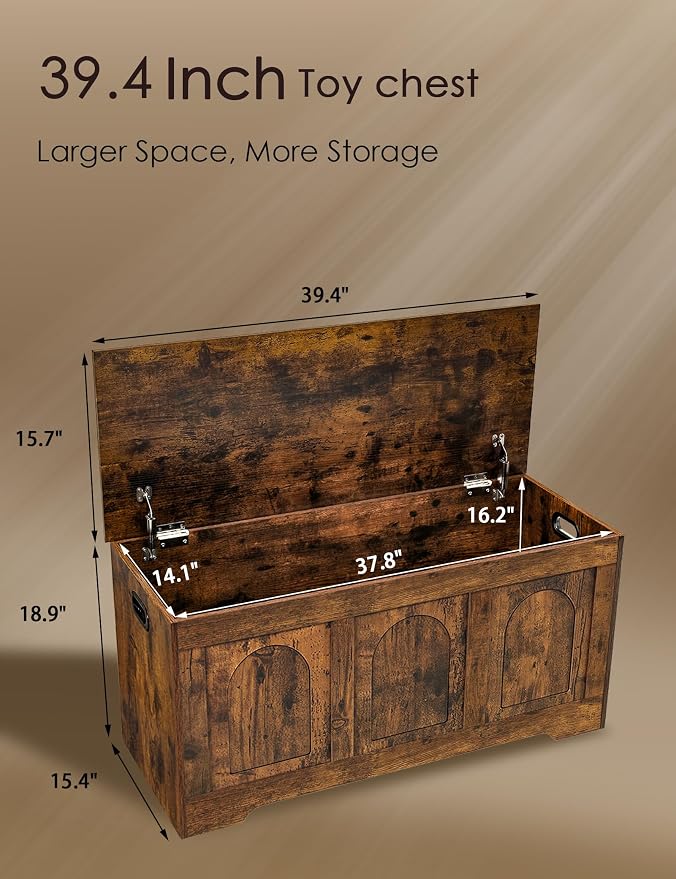 Storage Chest, Wooden Toy Box, Rustic Brown 39.4" L | Entryway Shoe Bench, 2 Soft-close Hinges, Finger-safe Flip-Top Lid, Easy Assembly, Farmhouse Large Trunk, Living Room/Bedroom