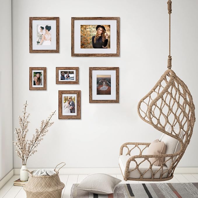 Hongkee 8x10 Picture Frame Set of 4, Made of Real Glass and Rustic Brown Wooden Frame, 8 by 10 Photo for Wall or Tabletop - Display Picture 5x7 with Mat or 8x10 Without Mat
