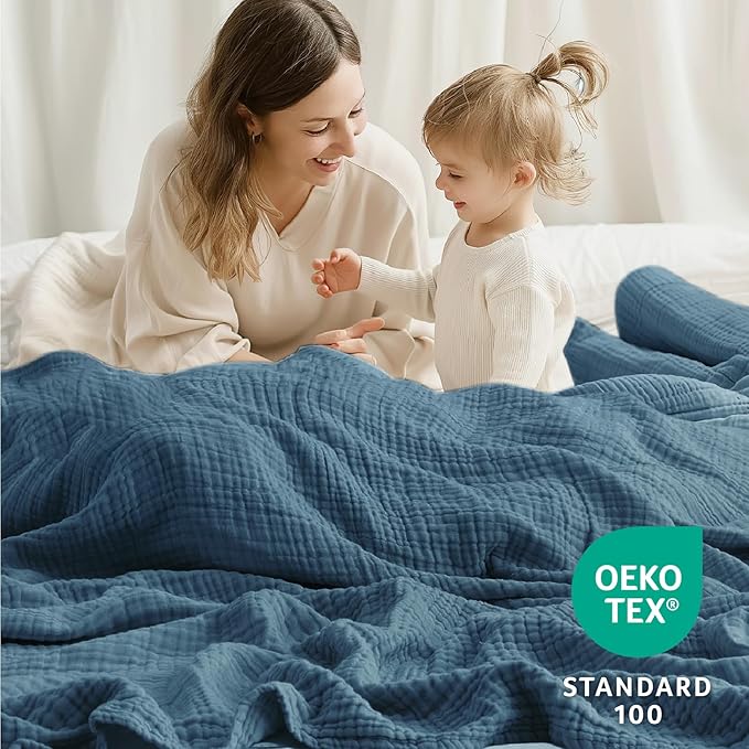 100% Cotton Muslin Blanket King 108" x 90", 6 Layers Breathable and Lightweight Cotton Throw Blanket for Bed, Soft Quilt Bedspread Coverlet, Gauze Blanket for Adults All Season, Dark Blue
