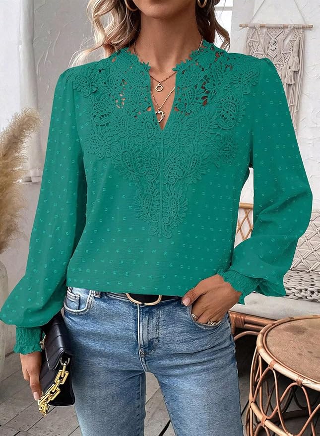 Womens Tops Swiss Dot Boho Long Sleeve Shirts V Neck Casual Chiffon Blouses Flowy Lace Hem Cute Clothing Trendy 2026