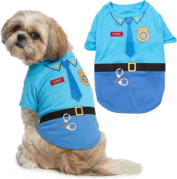 Parisian Pet Police Dog Costume - 100% Cotton Blue Dog Clothes for Medium Dogs - Lightweight Puppy Outfits - Funny Schitzu Clothes - Cute Cop Uniform Pet Shirt - Stretchy T Shirt for Dogs