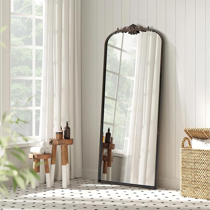Besdomus Vintage Mirror Full Length: 21"x56" Black Long Arched Body Mirrors | French Floor Standing Metal Framed - Antique Baroque Traditional Ornate - Ideal for Foyer/Cloakroom/Bedroom/Dressing Room