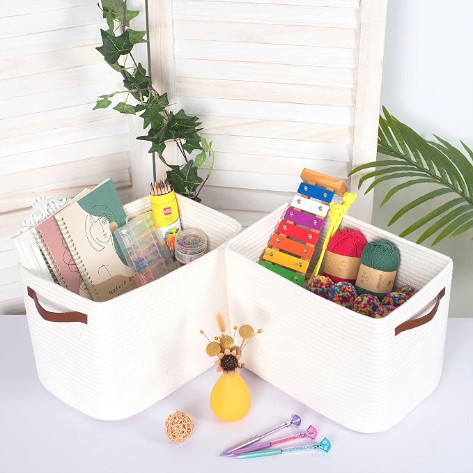 3-Pack Decorative Woven Storage Baskets for Shelves, Cube Bin Box for Organizing Books, Shoes, Dog Toys, Pantry Closet and Living Room Organizer, Creamy White