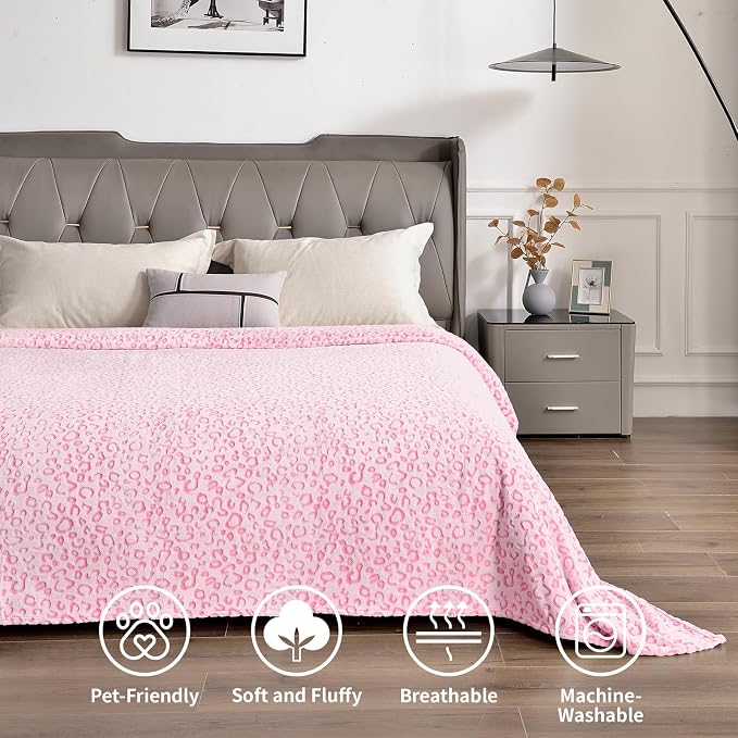 PLEASANT BOULEVARD | Leopard Throw Blanket Fleece, Premium Lightweight Cozy Warm Plush Microfiber Pink Blanket for Couch Sofa and Bed (Pink, Queen (90 x 90 inches))