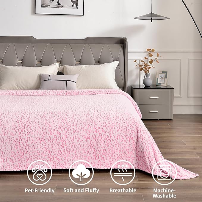 PLEASANT BOULEVARD | Leopard Throw Blanket Fleece, Premium Lightweight Cozy Warm Plush Microfiber Pink Blanket for Couch Sofa and Bed (Pink, Throw (50 x 60 inches))