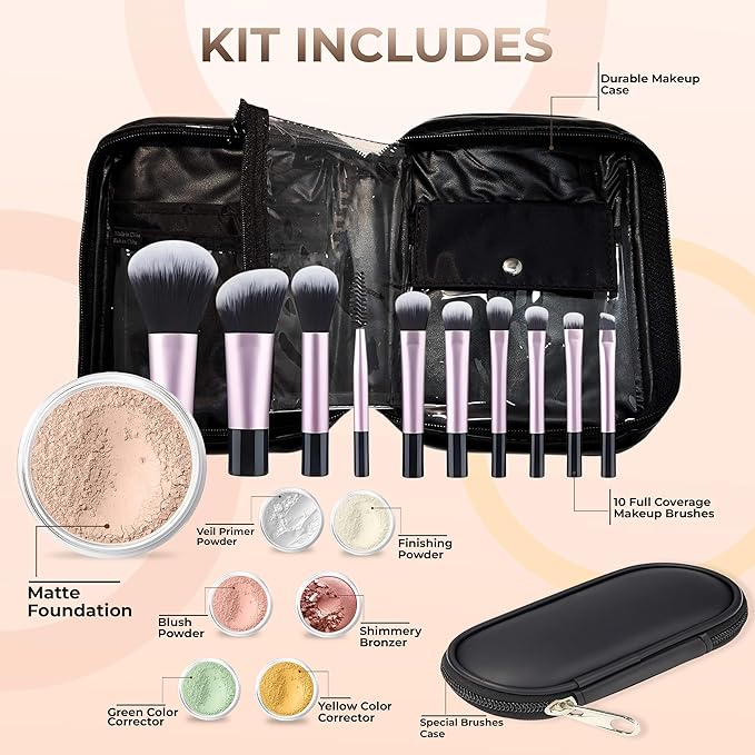 19 pc STARTER KIT w/BRUSHES & CASE (LIGHT) Mineral Makeup Foundation Blush Bronzer Illuminating Veil Set Bare Skin Matte Powder