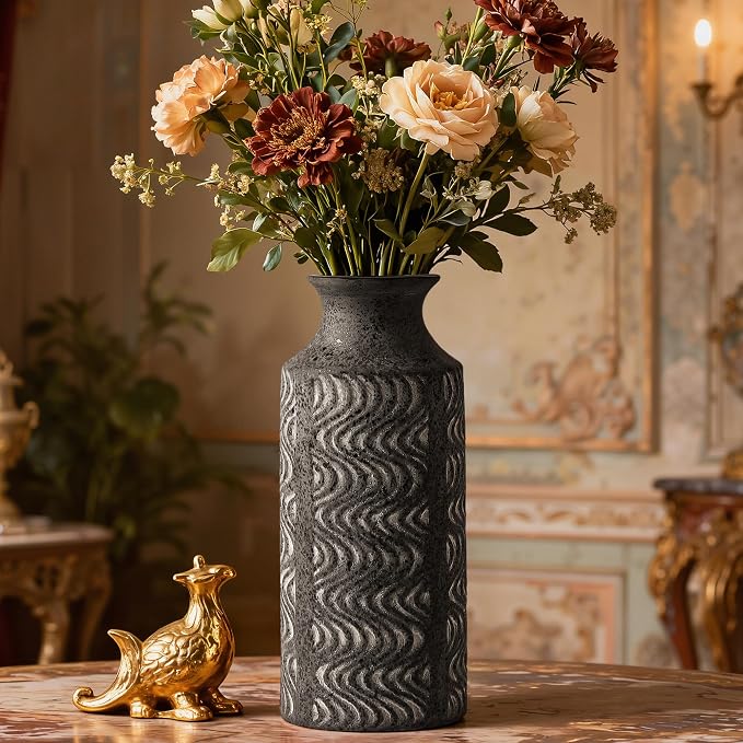 Black Ceramic Vase, 11 Inch Tall Vintage Flower Vase for Decor | Decorative Cylinder Vase Adds Farmhouse Charm to Centerpieces, Table, Shelf, Living Room,Bedroom
