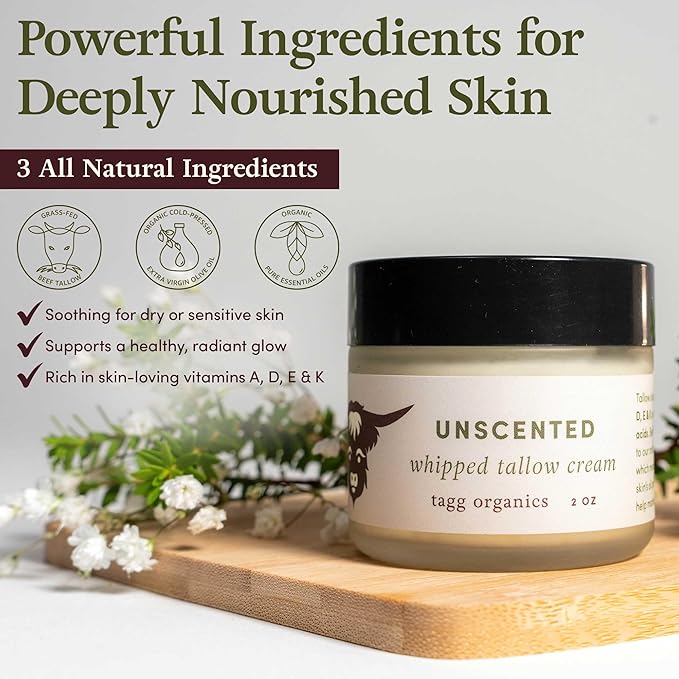 Whipped Tallow Cream for Skin - 100% Organic & Chemical-Free - Deep, Long-Lasting Hydration & Nourishment for Dry & Sensitive Skin (Unscented 2oz)
