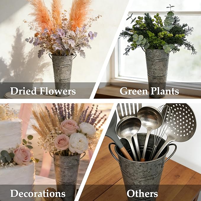 15 Inch Galvanized Metal Flower Buckets, Set of 2 - Rustic Tin Vases with Handles for Farmhouse & Wedding Decor, Tall Planters for Cut Flowers, Table Centerpiece & Home Organization