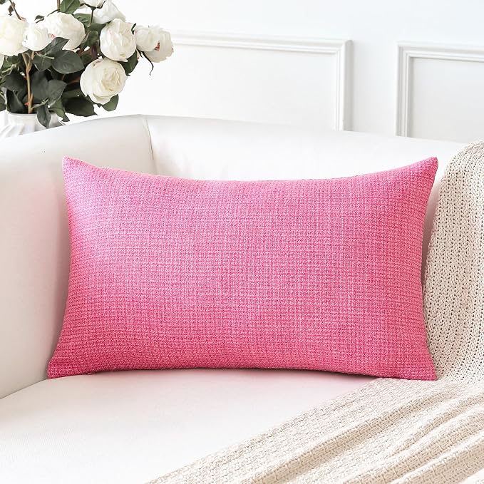 OTOSTAR Linen Throw Pillow Cover Set of 1 Decorative Lumbar Pillowcases Cushion Covers 12x20 Inch for Home Decor Sofa Bedroom Car 30 x 50CM Rose Pink