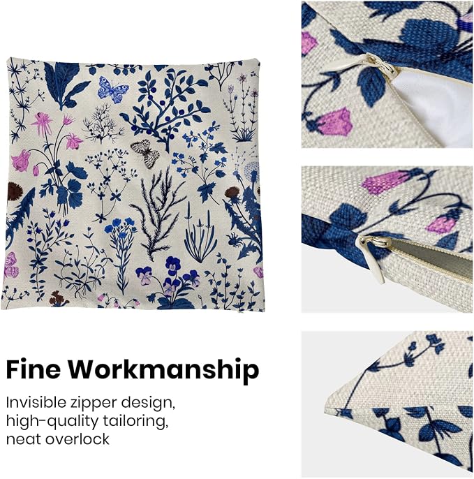 AEIOAE Summer Pillow Covers 18x18 Inch Set of 2,Navy Blue Wild Flower Plant Throw Pillows Case,Seasonal Floral Outdoor Decorative Square Linen Farmhouse Decor Cushion Covers for Home Sofa Bed Couch