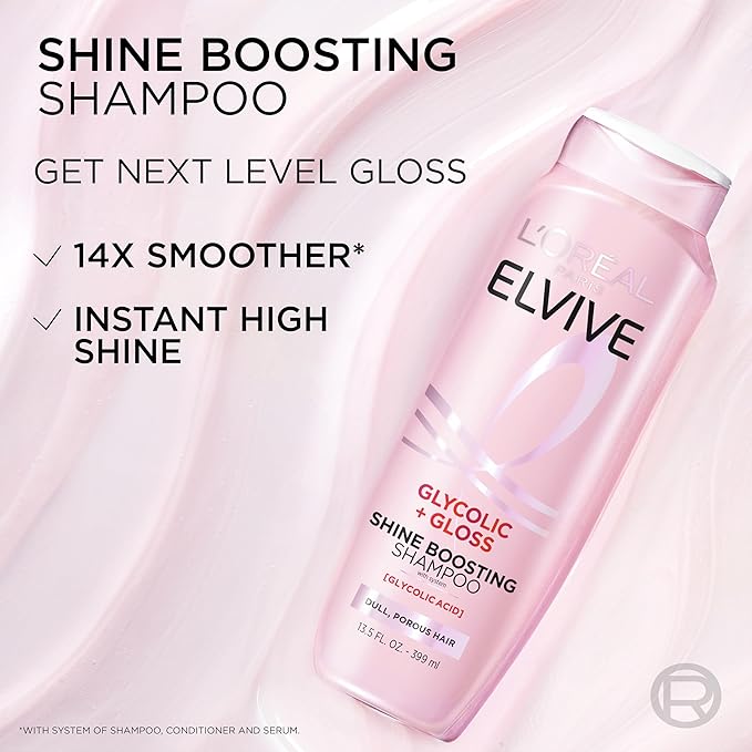 L'Oreal Paris Elvive Glycolic + Gloss Shine Boosting Shampoo and Conditioner Set, Cleanses and Smooths Dull, Porous Hair Into High-Shine, Glossy Hair, 1 Kit