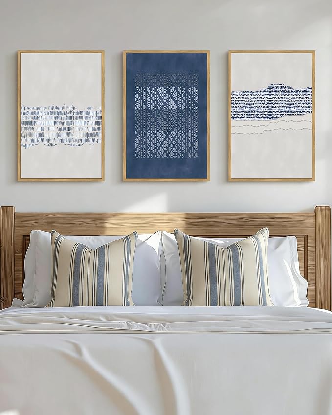 Drsoum Blue Abstract Boho Framed Wall Art Large 16x24in Minimalist Mid-Century Modern Wall Decor Geometric Artwork Kitchen Dining Room Natural Framed