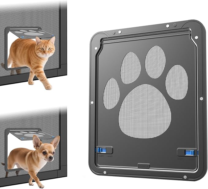 Dog Screen Door, 8"×10.2" Cat Door for Window Screen, Magnetic Closure Dual-Side Lockable Small Pet Door for Cats & Small Dogs, Easy to Install, Black