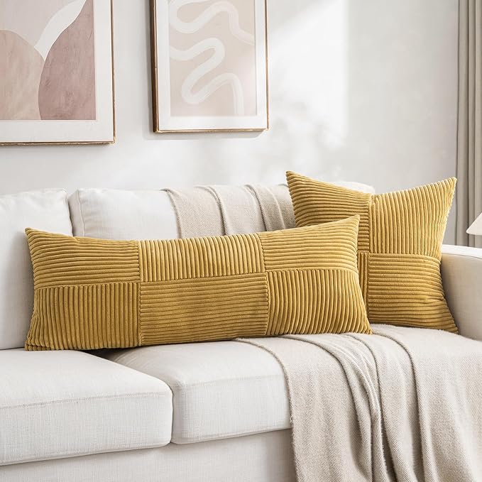 Fancy Homi Set of 1 Mustard Yellow Boho Long Lumbar Body Decorative Throw Pillow Cover 14x36 Inch for Bed Couch Bedroom Bench, Soft Patchwork Corduroy Pillow Case, Rustic Farmhouse Room Decor