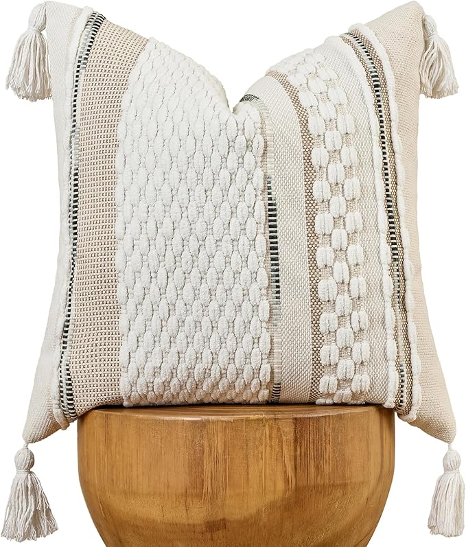 Chenille Striped Textured Boho Throw Pillow Covers Aesthetic with Tassels Woven Decorative Pillow Case for Couch Bed Sofa Bedroom Modern Funky 18 x 18-Inch White