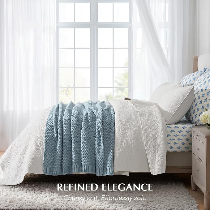 EVERGRACEHOME Chunky Chenille Knit Throw Blanket, 50 x 60, Chambray Blue | Sculpted Moss Stitch, Chic Modern Farmhouse, All-Season Warmth, OEKO-TEX® Certified, Elegant Blanket for Couch, Bed, Sofa